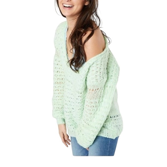 Free People Crashing Waves Open Knit Slouch Sweater Green - Picture 8 of 8